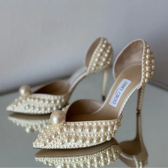 New JIMMY CHOO Sabine 85 faux pearl-embellished satin pumps 38 $1,895 - Picture 9 of 17